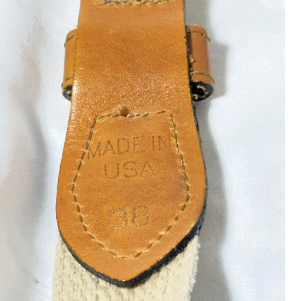 Vintage ZEP-PRO Sailboats Cream Cotton Brown Leather Brass Buckle Belt 38 USA